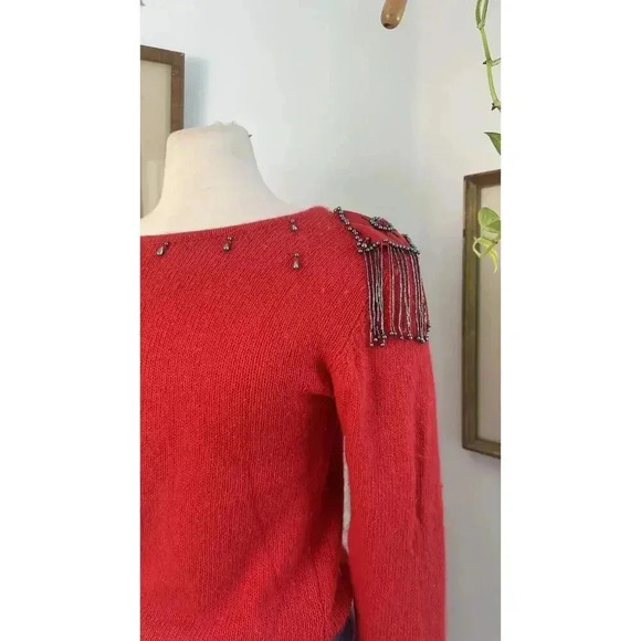 Vintage 80s Sweater With Beaded Tassel Silk Rabbit Hair Shoulder Pads Unique - Picture 4 of 7